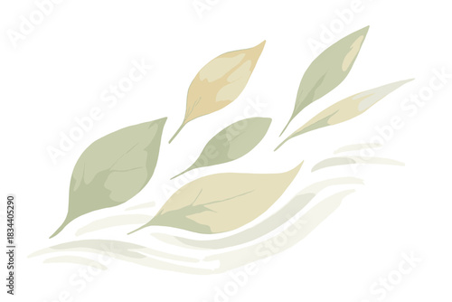 Effortless Leaf Flow. a group of delicate leaves floating together downstream, representing “effortless motion,” sage and pale