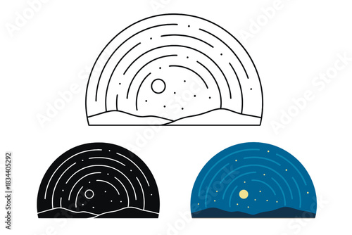 Minimalist Horizon Arcs. Minimalist horizon view with concentric arcs showing night rotation motion, first in line style with thin