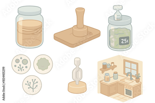 Fermentation Tools Icons. Isometric vector illustration set of small-batch fermentation tools: kombucha SCOBY hotel jar, kraut