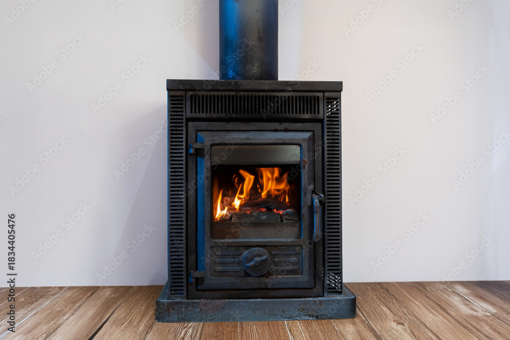 Fototapeta premium Close up of Fireplace inside house modern living room. Wood burner stove with burning flame behind a glass door