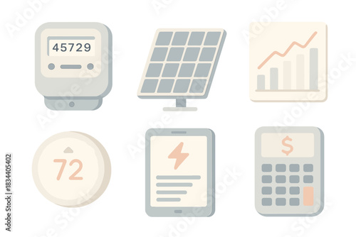 Home Energy Monitoring. Isometric vector illustration set of home power monitoring: electricity meter, solar panel module, usage