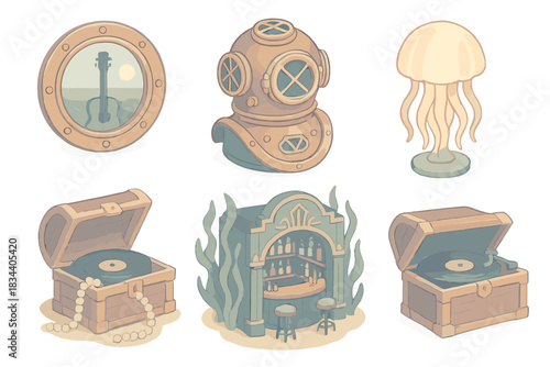 Aquatic Jazz Aesthetic. Isometric vector illustration set of aquatic jazz era elements: musical porthole overlooking the sea,