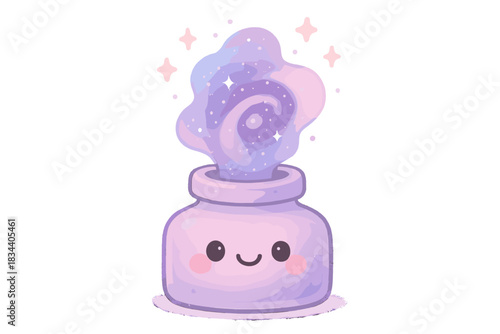 Nebula Inkwell Delight. A happy inkwell containing a miniature nebula, tiny sparkles floating above, soft rounded doodle shapes,