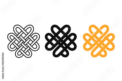 Mathematical Knot Icons. three minimal vector icons of mathematical knot pattern reflecting symbiotic creation network, line