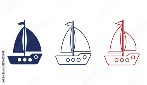 Three Stylized Sailboat Icons in Navy Blue, Dark Blue Outline, and Red Outline on White Background ship