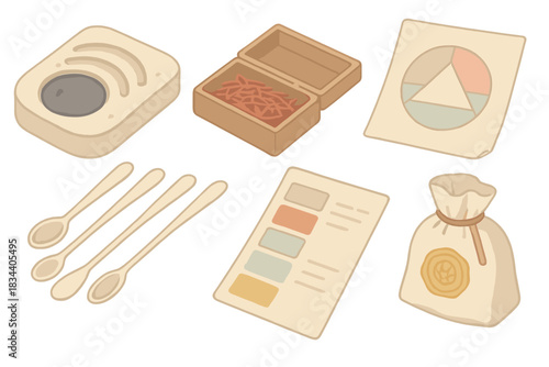 Medieval Pigment Tools. Isometric vector illustration set Medieval manuscript pigment recreation: inkstone with residue channels,