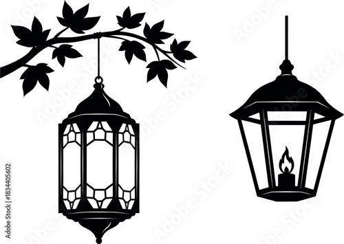 Black silhouette of two ornate hanging lanterns, one suspended from a tree branch with leaves