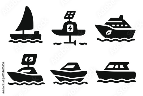 Marine Innovation Icons. Solid style icons of marine innovation: energy sail pod, electric wave glider, hybrid ocean craft,