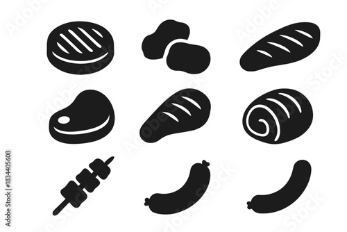 Lab-Grown Meat Icons. Solid style icons of lab-grown meat types: beef patty, chicken nugget, fish fillet. Pork chop slice, duck