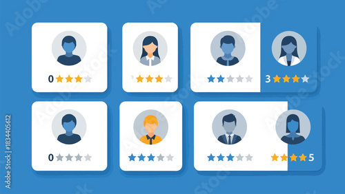 Customer feedback cards show varied ratings and star reviews, illustrating satisfaction levels.