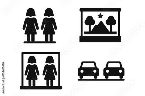 Symmetrical Icon Duo. Solid style icons of mirrored composition: symmetrical model pair, reflected diorama, twin tableau, parallel