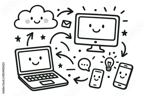 Digital Device Connections. Playful doodle composition showing friendly digital devices exchanging ideas through smiling clouds,