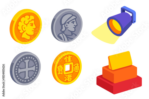 Historical Coins Showcase. Isometric vector illustration set Currency and coins – ancient coin, Greek drachma, Roman denarius;
