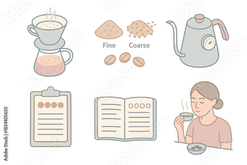 Coffee Evaluation Icons. Isometric vector illustration set of coffee evaluation workflow: dripper with bloom phase, fine vs coarse
