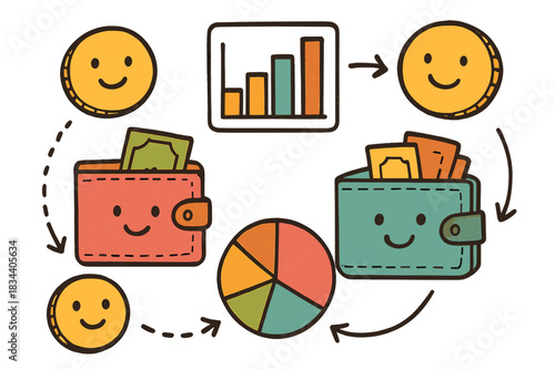 Budget Tracking Doodle. Cute doodle illustration of personal budget tracking with smiling coins, wallets, and charts organizing