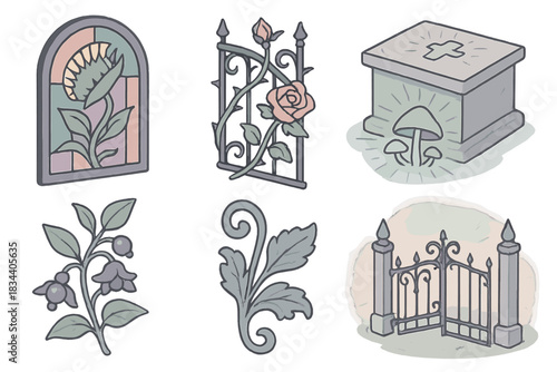 Gothic Botanical Curiosities. Isometric vector illustration set of gothic botanical curiosities: Venus flytrap in stained glass