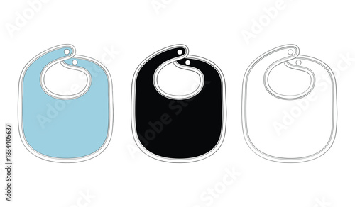 Three Baby Bibs in Light Blue, Black, and White Outline on White Background infant child