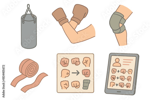 Martial Arts Training Icons. Isometric vector illustration set of martial arts combo practice: heavy bag, elbow pad, knee pad,