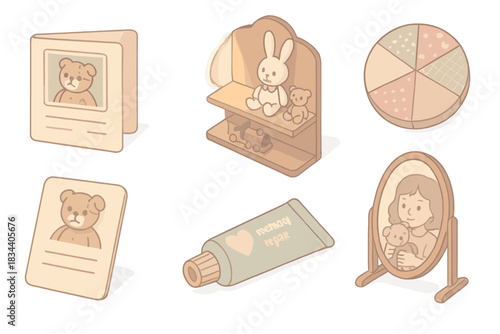 Abandoned Toy Restoration Icons. Isometric vector illustration set Abandoned toy restoration and memory recovery: toy recovery