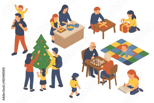 Family Moments Illustration. Isometric vector illustration set of Family: father carrying child on shoulders, mom and daughter