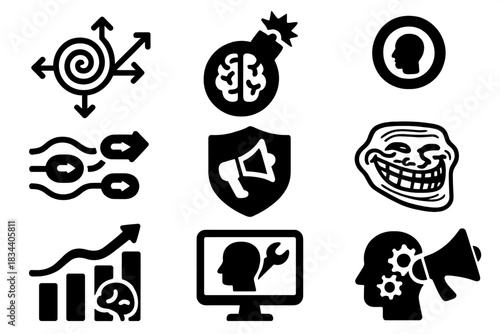 Information Warfare Icons. Solid style icons of information weaponry: algorithmic chaos glyph, viral idea bomb, social engineering