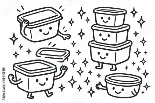Playful Food Containers. Charming doodle art of happy food containers working together — lids snapping on, boxes stacking high,
