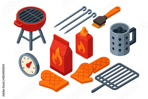 Camping Essentials Icons. Isometric vector illustration set Camping essentials – portable grill, skewers, grill brush; charcoal