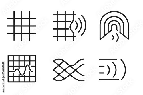 Acoustic Path Icons. Line style icons of grid hearing conduit: woven grid, sound lines, frequency passage, resonant corridor,