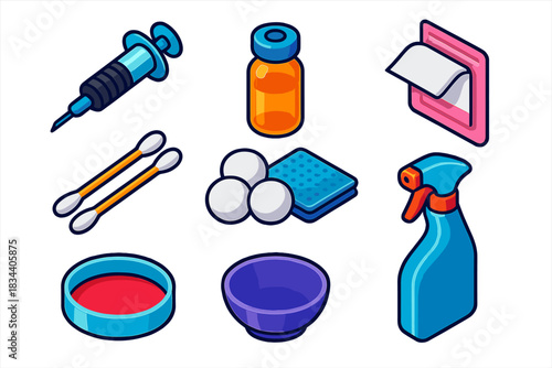 Tattoo Equipment Set. Isometric vector illustration set Tattoo equipment – microdosing syringe, saline solution vial, antiseptic