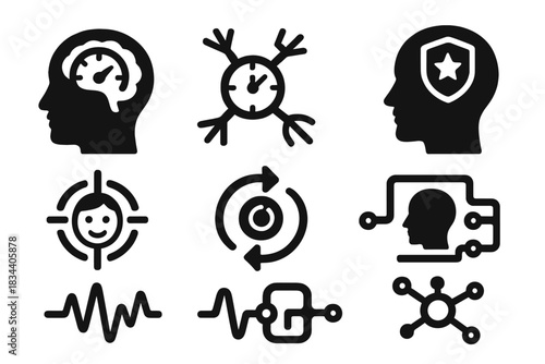 Performance Under Pressure Icons. Solid style icons of performance under pressure: pressure gauge in brain, deadline-driven neuron