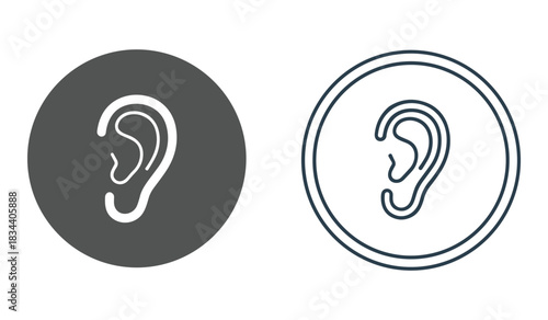 Two ear icons one solid grey and one outline on white background hearing listen