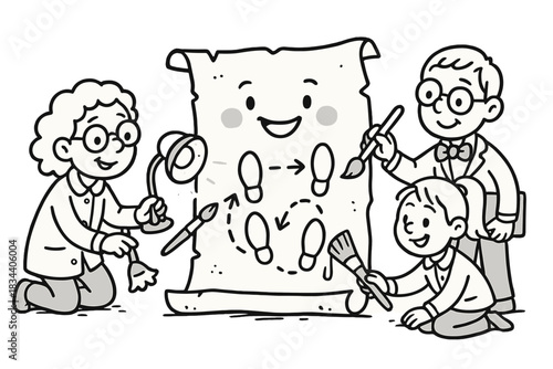 Happy Historians Doodling. Fun doodle illustration of cute historians restoring dance diagrams with brushes, lamps, and cheerful