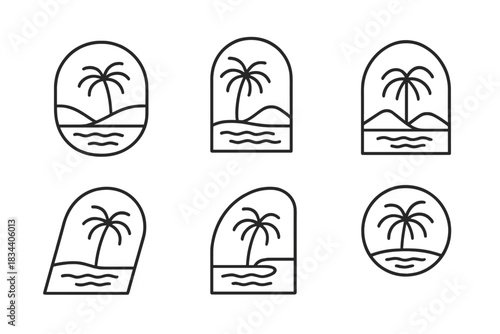 Vector Oasis Icons. Line vector icons of rocking oasis openings: cradled water shelters, rhythmic palm outlines, balanced desert