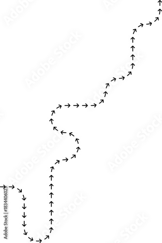 Zigzag dotted arrow producing a jagged trail that angles sharply across a directional route.