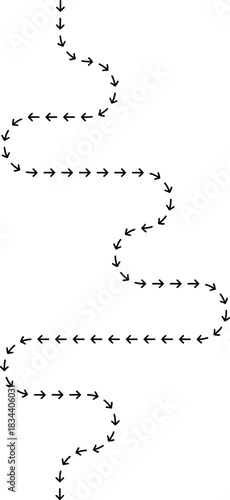 Abstract dotted arrow sequence outlining a fluid directional motion route with a continuous curved travel contour.