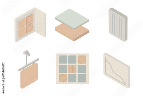 Acoustic Panel Visuals. Isometric vector illustration set Architectural acoustic panel design: wall zone acoustic treatment plan,