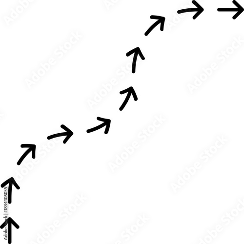 Dotted arrow composition shaping a continuous movement contour with a smooth directional bend path.