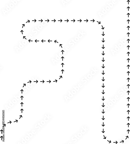 Dotted arrow chain forming a ripple path that oscillates through a rhythmic directional flow.