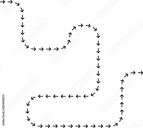 Dotted arrow-guided figure outlining a snake path with extended wavering directional movement.