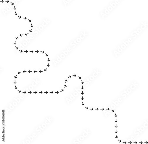 Dotted arrow arrangement bending into a flowing motion line that traces a continuous directional route.