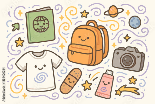 Multiverse Travel Essentials. Cute doodle infographic-style scene of a multiverse travel checklist filled with happy