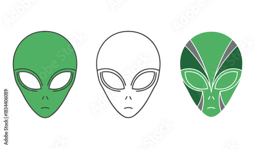 Three alien head icons one solid green one outline and one patterned on white background extraterrestrial