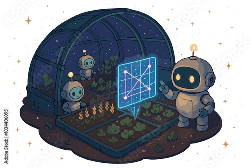 Robots in Cosmic Greenhouse. Whimsical cosmic greenhouse where cute robots manage crop rotation cycles using glowing quantum grids