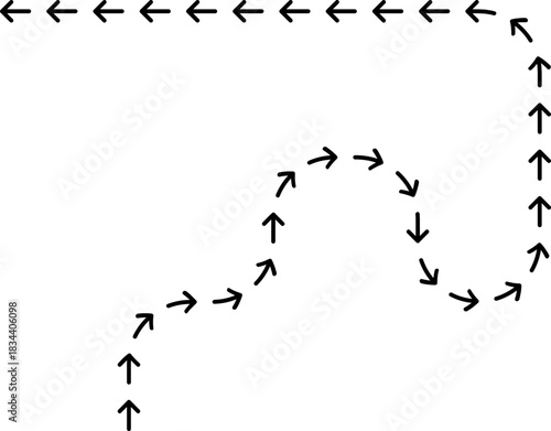 Curvy dotted arrow creating a navigation route marked by a smooth flowing directional line.