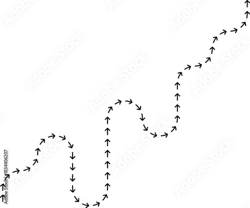 Meandering dotted arrow tracing a wandering path with extended flowing directional motion.