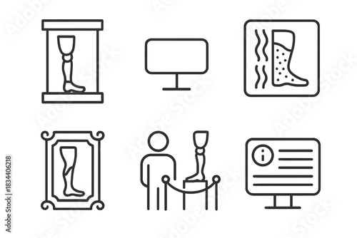 Prosthetic Art Icons. Line style icons of educational exhibits of prosthetic art: limb display case, gallery label icon, diagram