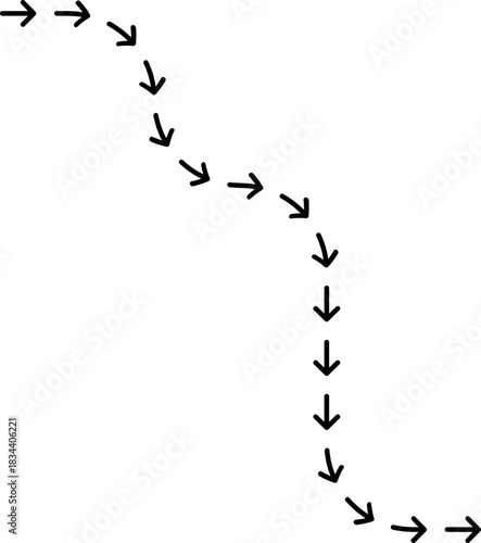 Dotted arrow guided through a direction trail that sweeps along a changing curved path.