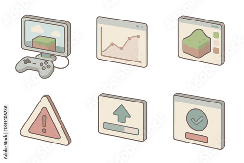Game Development Icons. Isometric vector illustration set of game testing and deployment: joystick and monitor for playtest,
