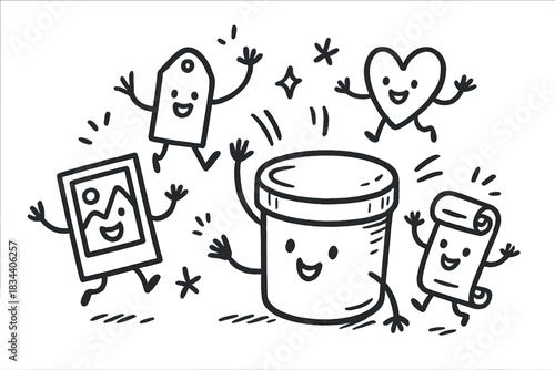 Memories Sealed Away. Playful doodle composition showing a cute time capsule and joyful characters representing memories and