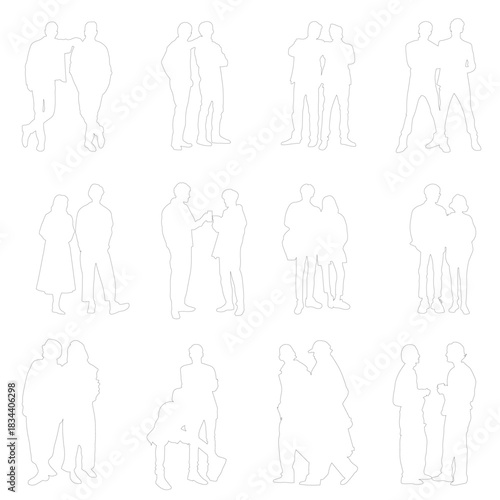 A curated collection of 12 couple silhouettes showcasing natural interaction, casual conversation, and realistic body language for contemporary design projects.